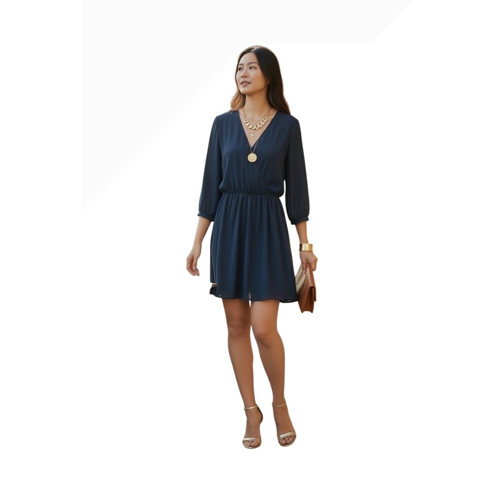 Lush Blue Surplice V-Neck Mini Dress 3/4 Sleeve Elastic Waist Chiffon Style SZ S